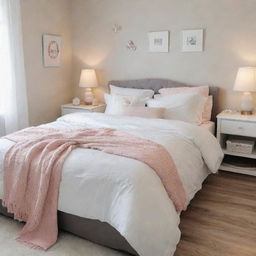 A neatly arranged girl's room showcasing a tidy, white bed cover, with every item in its place, giving a sense of organized beauty and tranquility.