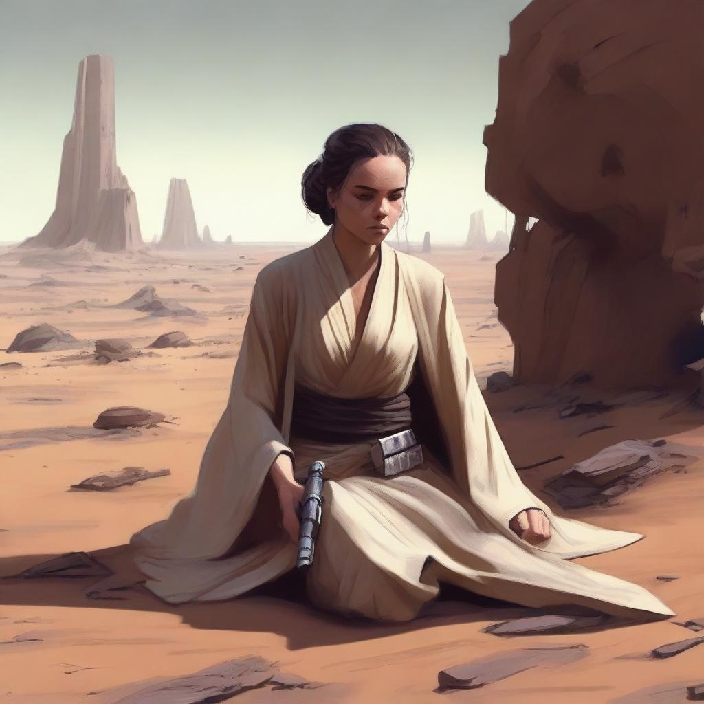 A young female Jedi is lying on the ground, missing one of her legs