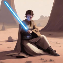 A young female Jedi is lying on the ground, missing one of her legs