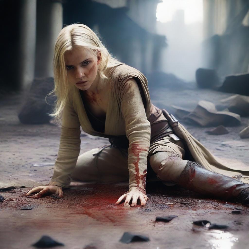 A blonde girl dressed as a Jedi is lying on the ground, her leg missing and blood around the area