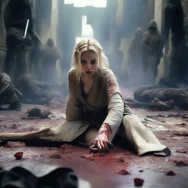 A blonde girl dressed as a Jedi is lying on the ground, her leg missing and blood around the area