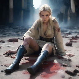 A blonde girl dressed as a Jedi is lying on the ground, her leg missing and blood around the area