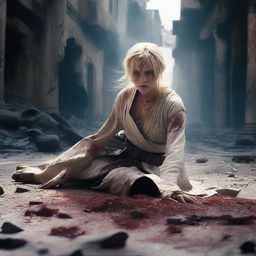 A blonde girl dressed as a Jedi is lying on the ground, her leg missing and blood around the area