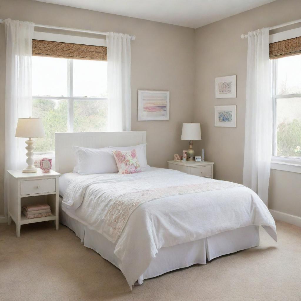 A well-organized girl's bedroom, featuring a tidy white bed cover without any footboard on top, reflecting simplicity and neatness inside a serene, child-friendly setting.