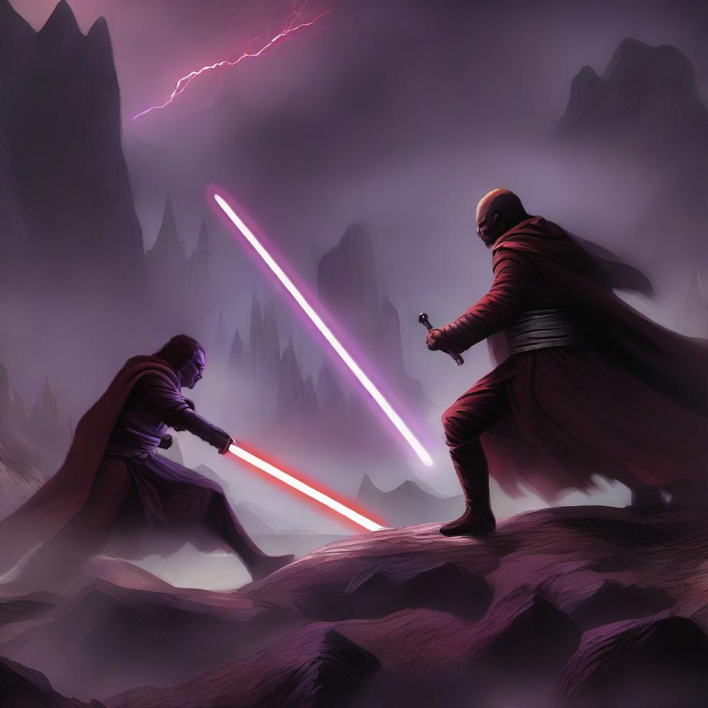 A dynamic scene featuring a Jedi wielding two purple laser swords in an intense duel against a Sith with one red laser sword