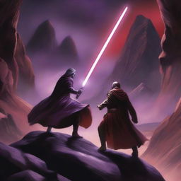 A dynamic scene featuring a Jedi wielding two purple laser swords in an intense duel against a Sith with one red laser sword