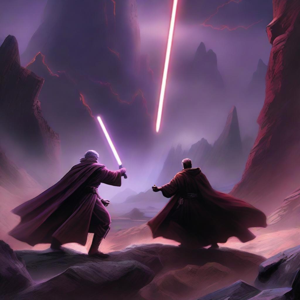 A dynamic scene featuring a Jedi wielding two purple laser swords in an intense duel against a Sith with one red laser sword