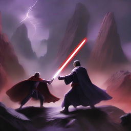 A dynamic scene featuring a Jedi wielding two purple laser swords in an intense duel against a Sith with one red laser sword