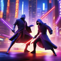 A dynamic battle scene featuring a Jedi wielding two purple laser swords against a Sith with one red laser sword in a futuristic city