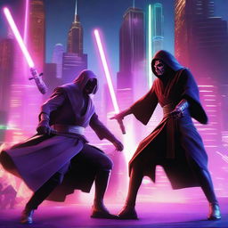 A dynamic battle scene featuring a Jedi wielding two purple laser swords against a Sith with one red laser sword in a futuristic city