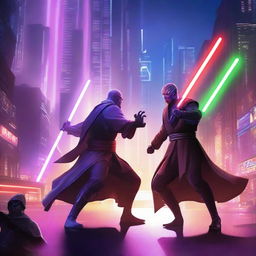 A dynamic battle scene featuring a Jedi wielding two purple laser swords against a Sith with one red laser sword in a futuristic city