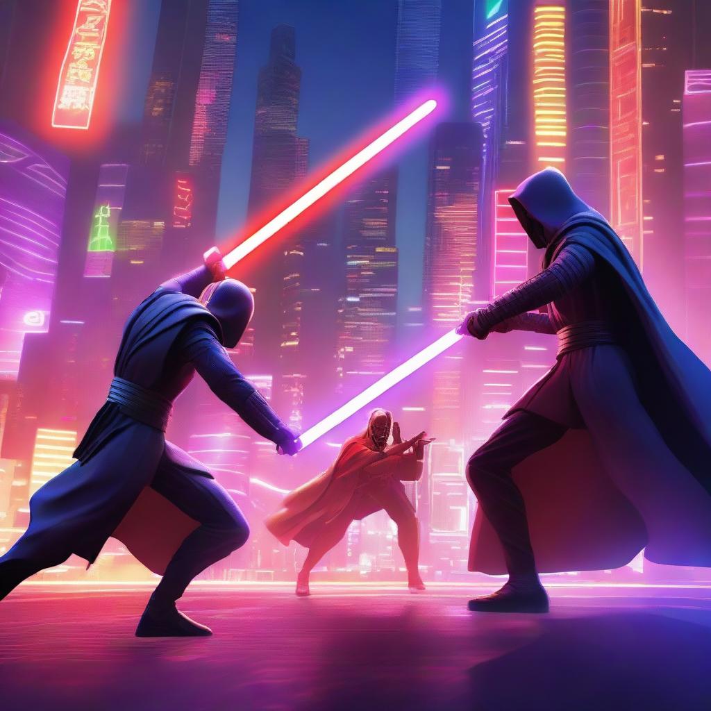 A dynamic battle scene featuring a Jedi wielding two purple laser swords against a Sith with one red laser sword in a futuristic city