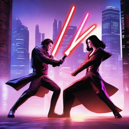 A dynamic battle scene featuring a brunette Jedi wielding two purple laser swords clashing with a Sith who has a single red laser sword