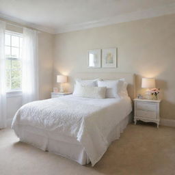 A well-organized girl's bedroom, featuring a tidy white bed cover without any footboard on top, reflecting simplicity and neatness inside a serene, child-friendly setting.