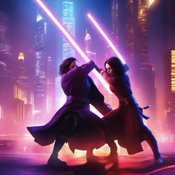 A dynamic battle scene featuring a brunette Jedi wielding two purple laser swords clashing with a Sith who has a single red laser sword