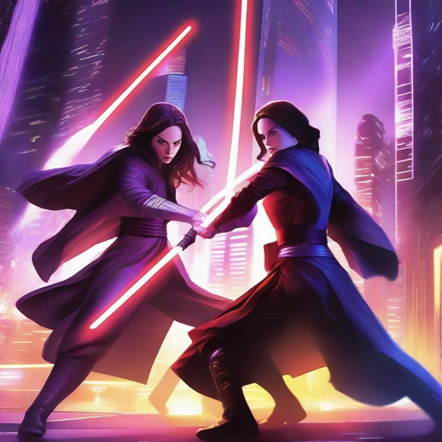 A dynamic battle scene featuring a brunette Jedi wielding two purple laser swords clashing with a Sith who has a single red laser sword