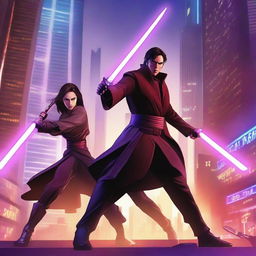 A dynamic battle scene featuring a brunette Jedi wielding two purple laser swords clashing with a Sith who has a single red laser sword