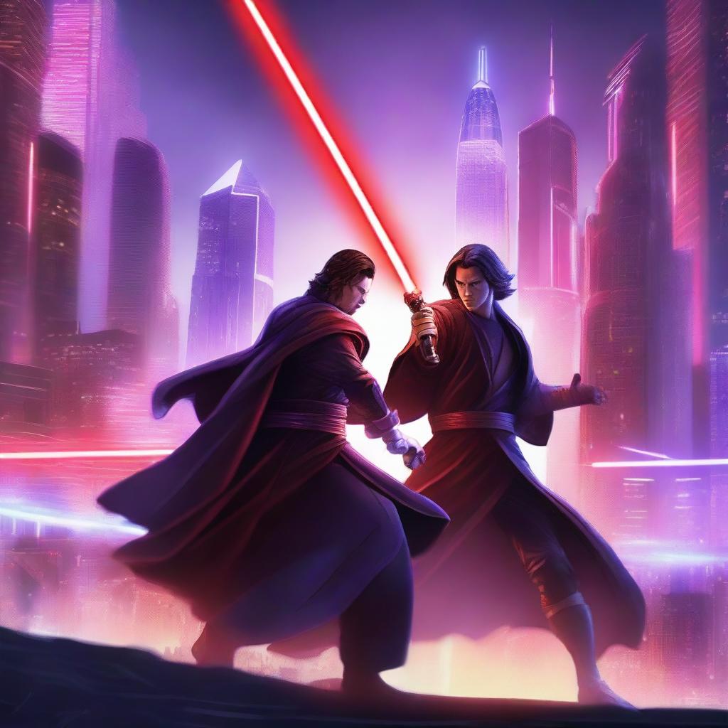 A dramatic scene featuring a male Jedi with brunette hair wielding two purple laser swords, engaged in an intense battle against a male Sith with one red laser sword