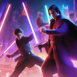 A dramatic scene featuring a male Jedi with brunette hair wielding two purple laser swords, engaged in an intense battle against a male Sith with one red laser sword