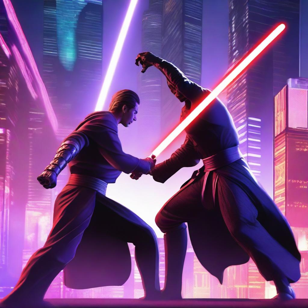 A dramatic scene featuring a male Jedi with brunette hair wielding two purple laser swords, engaged in an intense battle against a male Sith with one red laser sword