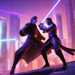 A dramatic scene featuring a male Jedi with brunette hair wielding two purple laser swords, engaged in an intense battle against a male Sith with one red laser sword