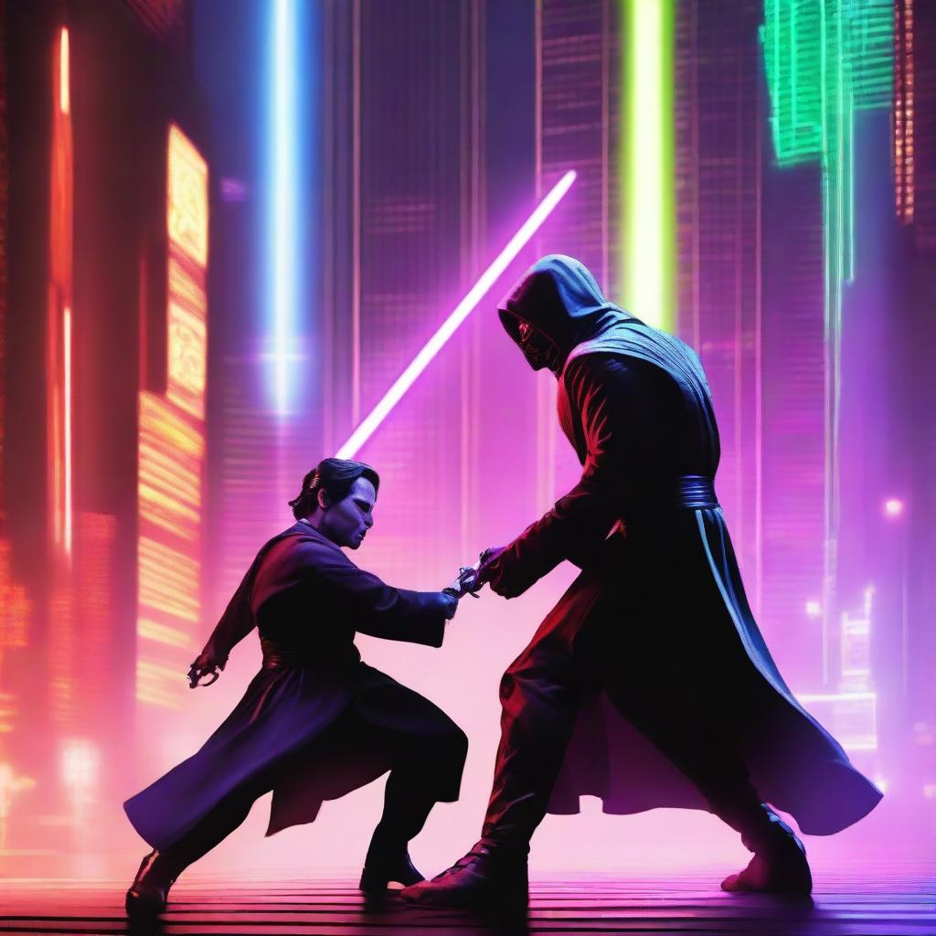 A brunette male Jedi wielding two purple laser swords faces off against a masked male Sith with one red laser sword in a bustling cityscape