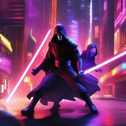 A brunette male Jedi wielding two purple laser swords faces off against a masked male Sith with one red laser sword in a bustling cityscape