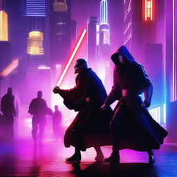 A brunette male Jedi wielding two purple laser swords faces off against a masked male Sith with one red laser sword in a bustling cityscape