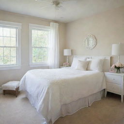 A well-organized girl's bedroom, featuring a tidy white bed cover without any footboard on top, reflecting simplicity and neatness inside a serene, child-friendly setting.