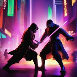 A brunette male Jedi wielding two purple laser swords faces off against a masked male Sith with one red laser sword in a bustling cityscape