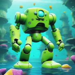 A futuristic green mecha version of SpongeBob SquarePants, featuring robotic limbs and armor plating