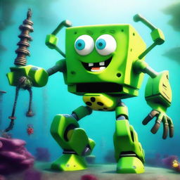 A futuristic green mecha version of SpongeBob SquarePants, featuring robotic limbs and armor plating