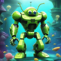 A futuristic green mecha version of SpongeBob SquarePants, featuring robotic limbs and armor plating