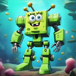 A futuristic green mecha version of SpongeBob SquarePants, featuring robotic limbs and armor plating