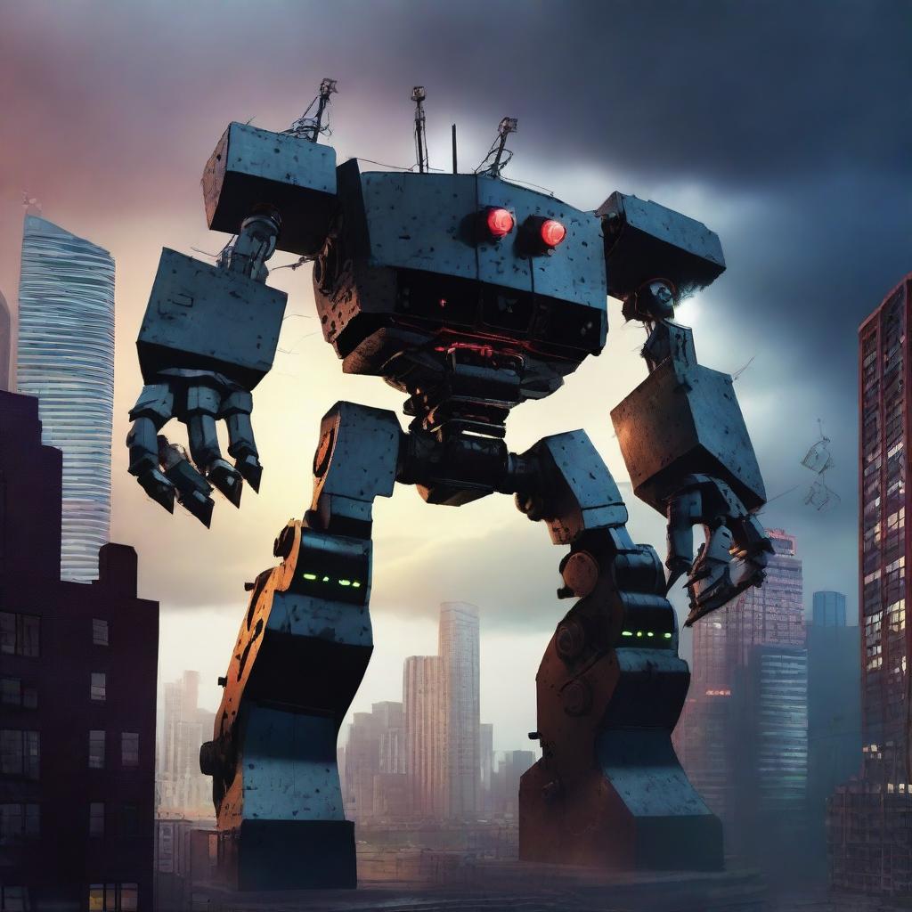 A colossal shadowy mecha version of SpongeBob SquarePants towering over a cityscape, with glowing red eyes and mechanical limbs