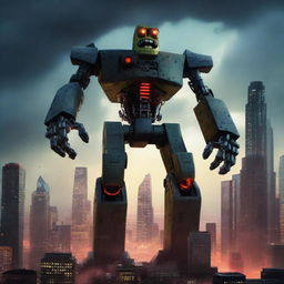 A colossal shadowy mecha version of SpongeBob SquarePants towering over a cityscape, with glowing red eyes and mechanical limbs