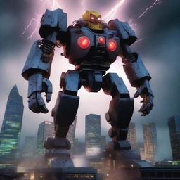 A colossal shadowy mecha version of SpongeBob SquarePants towering over a cityscape, with glowing red eyes and mechanical limbs