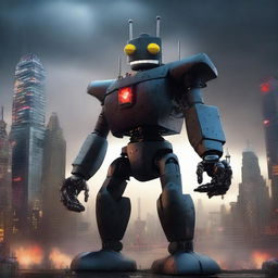 A colossal shadowy mecha version of SpongeBob SquarePants towering over a cityscape, with glowing red eyes and mechanical limbs