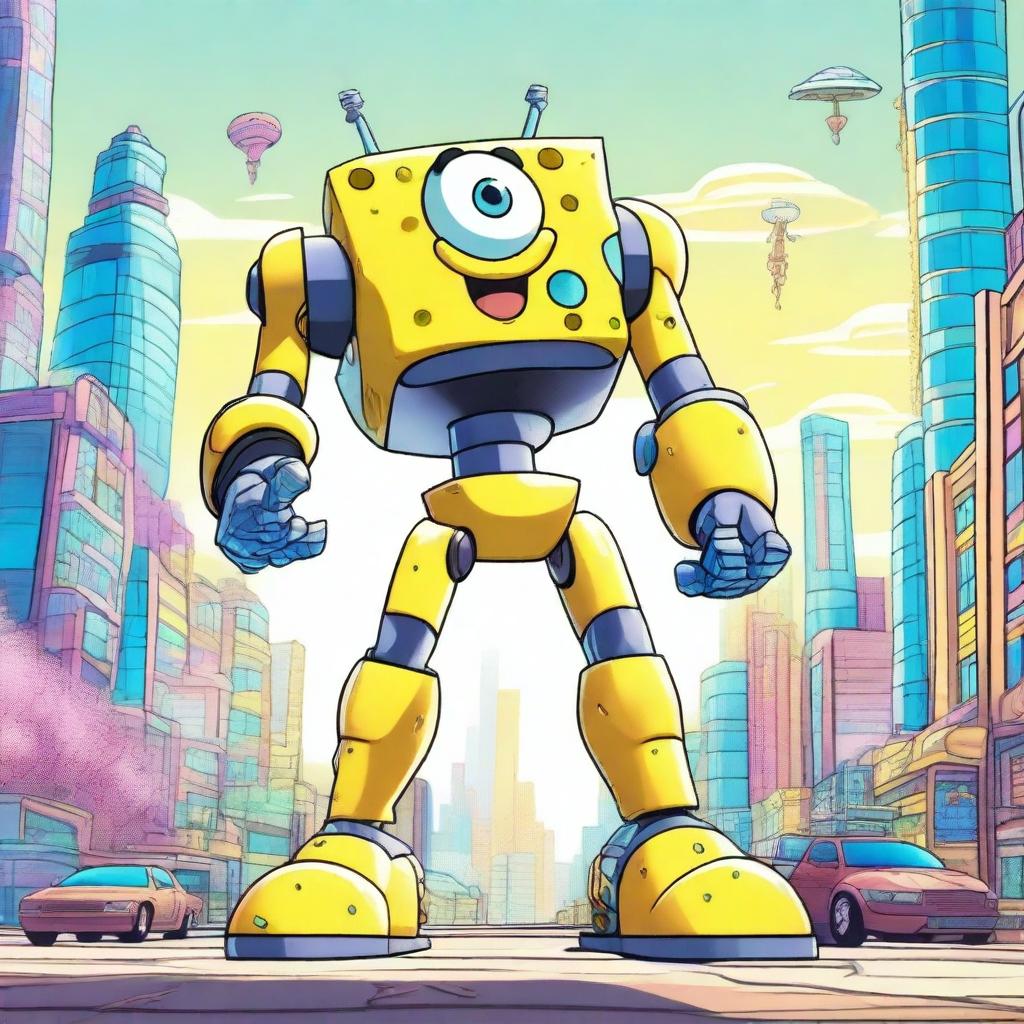 A radiant mecha version of SpongeBob SquarePants standing heroically in a futuristic city