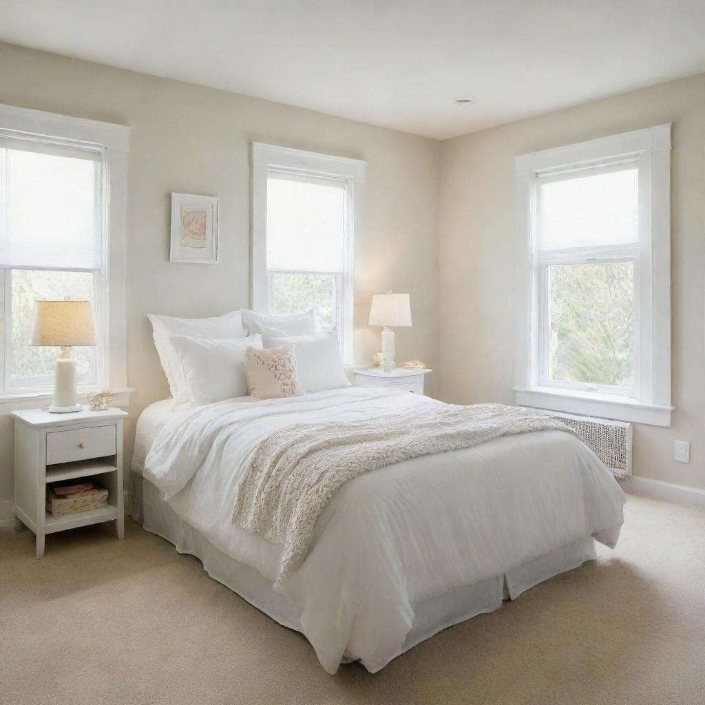 A well-organized girl's bedroom, featuring a tidy white bed cover without any footboard on top, reflecting simplicity and neatness inside a serene, child-friendly setting.