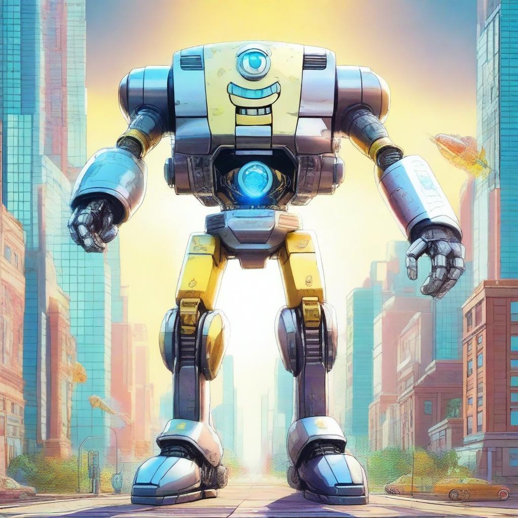 A radiant mecha version of SpongeBob SquarePants standing heroically in a futuristic city