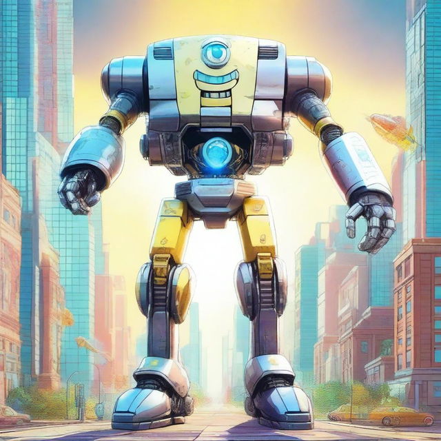 A radiant mecha version of SpongeBob SquarePants standing heroically in a futuristic city