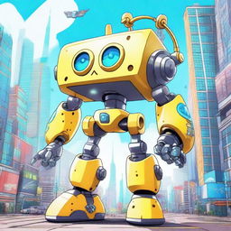 A radiant mecha version of SpongeBob SquarePants standing heroically in a futuristic city