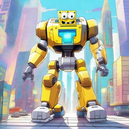 A radiant mecha version of SpongeBob SquarePants standing heroically in a futuristic city