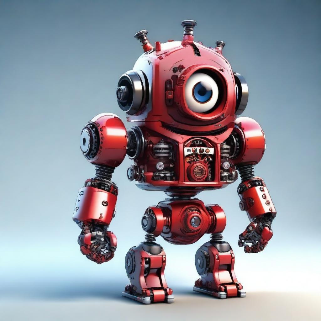 Create an image of a red mecha minion, a small robotic character with mechanical features and a red color scheme