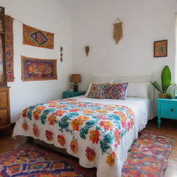 A well-kept girl's room in a Latin American setting like El Salvador, featuring a tidy white bed spread without a footboard, in the midst of vibrant and colorful local patterns and decorations.