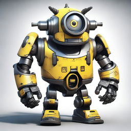 Create an image of a renegade mecha minion, a small robotic character with rugged mechanical features and a rebellious design