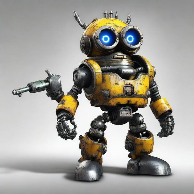 Create an image of a renegade mecha minion, a small robotic character with rugged mechanical features and a rebellious design