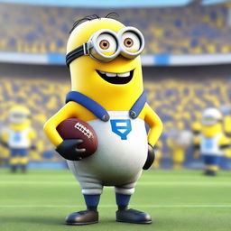 A Minion character dressed as a football pitcher, wearing a football uniform with a helmet, gloves, and cleats