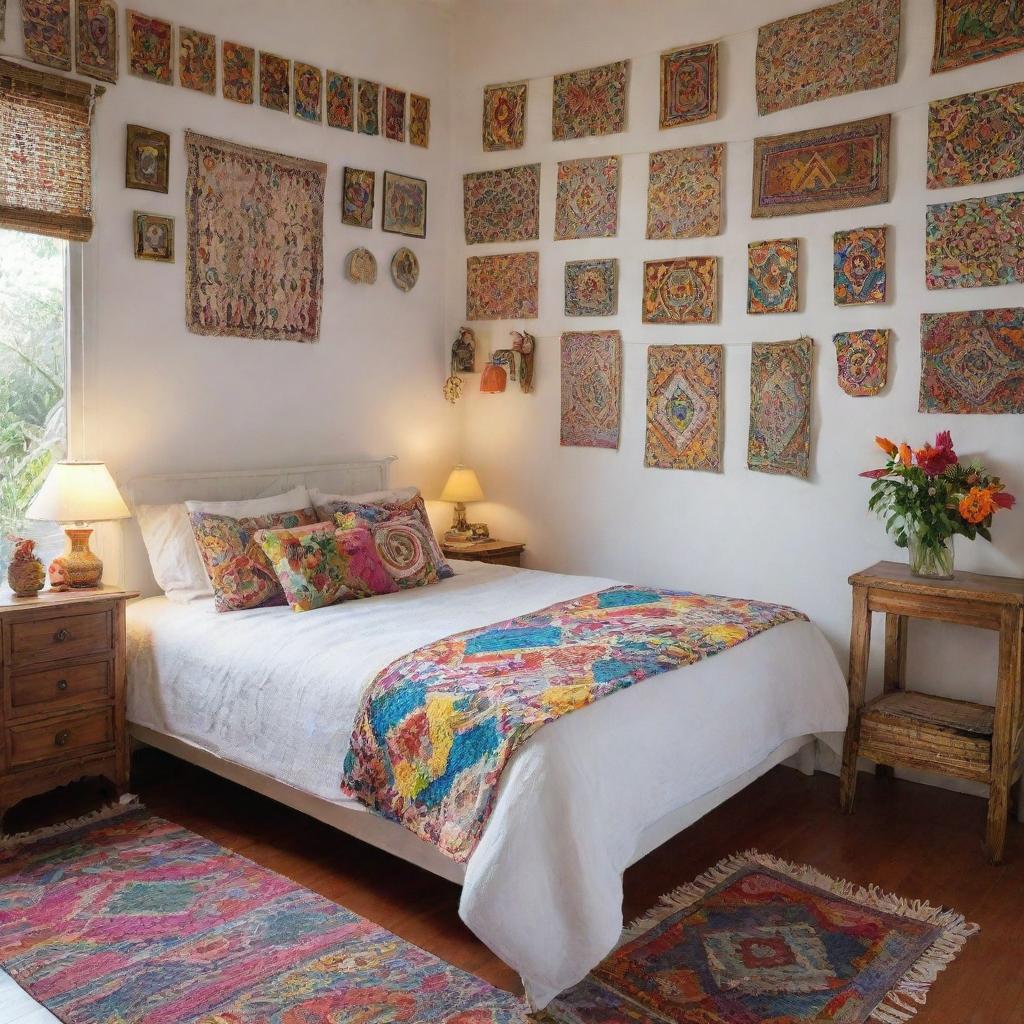 A well-kept girl's room in a Latin American setting like El Salvador, featuring a tidy white bed spread without a footboard, in the midst of vibrant and colorful local patterns and decorations.